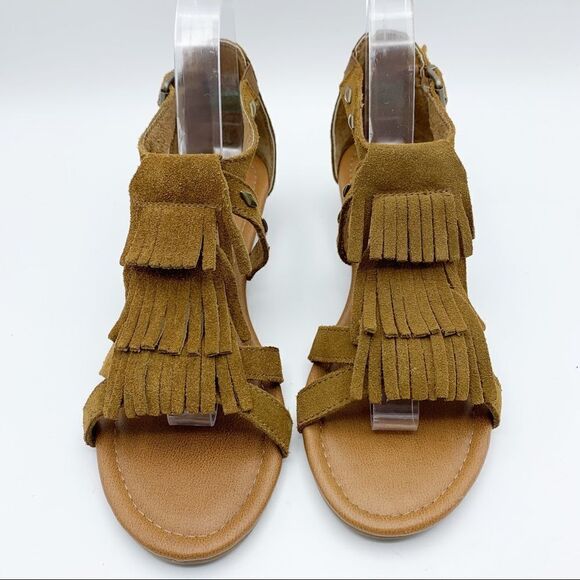 Minnetonka Merriam Suede Fringe Sandals Tan Wedge Sz 8 - Picture 4 of 13